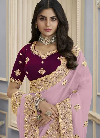 Pink Georgette Beads, Cord, Embroidered and Thread Work Trendy Saree
