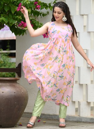 Pink Georgette Casual Kurti with Fancy and Print Work