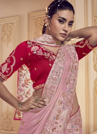 Pink Georgette Cord, Hand, Sequins, Thread and Zari Work Contemporary Saree for Ceremonial