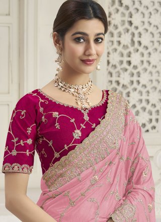 Pink Georgette Designer Saree with Cord, Embroidered, Hand, Thread, Zari and Zircon Work for Ceremonial