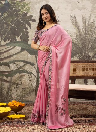 Pink Georgette Diamond Work Trendy Saree for Casual