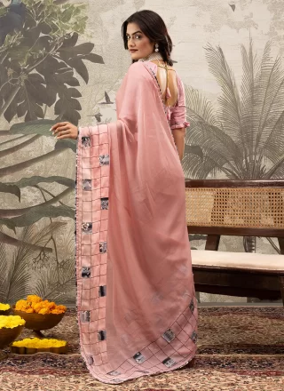 Pink Georgette Digital Print and Patch Border Work Trendy Saree for Women