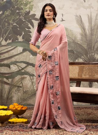 Pink Georgette Digital Print and Patch Border Work Trendy Saree for Women
