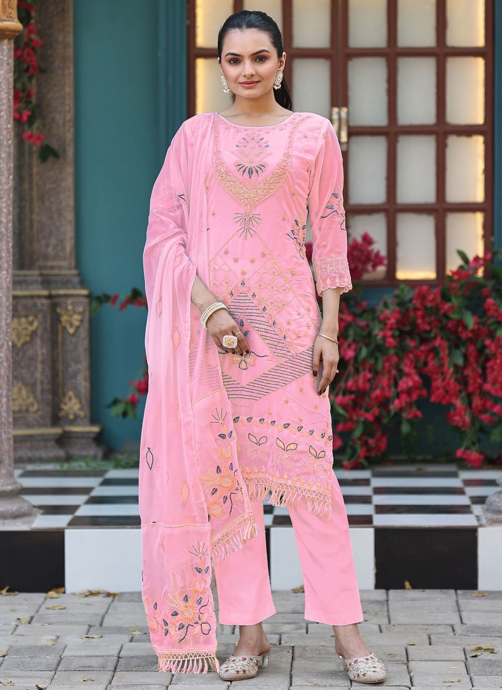 Shop Online Pink Georgette Embroidered and Moti Work Salwar Suit
