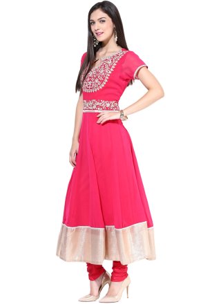 Pink Georgette Embroidered and Patch Border Work Churidar Suit for Women