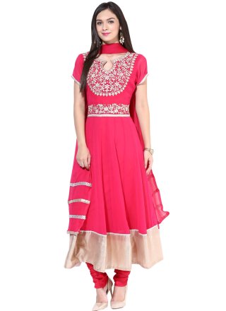 Pink Georgette Embroidered and Patch Border Work Churidar Suit for Women