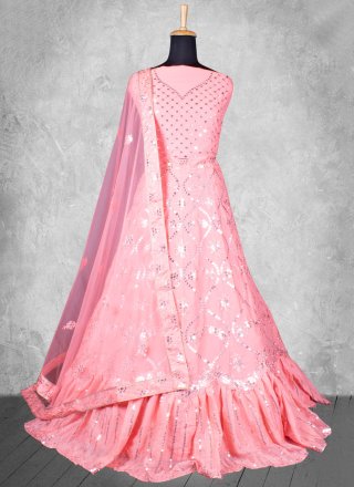 Pink Georgette Embroidered and Sequins Work A - Line Lehenga Choli
