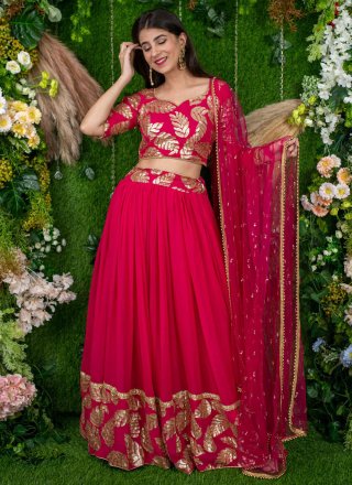 Pink Georgette Embroidered, Sequins and Zari Work A - Line Lehenga Choli