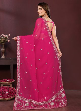 Pink Georgette Embroidered Work Contemporary Saree