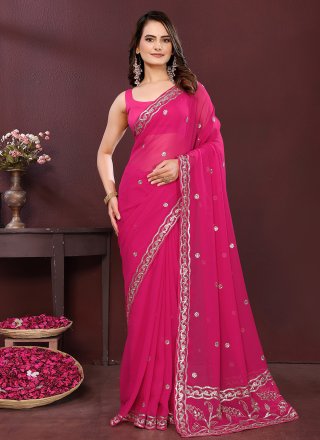 Pink Georgette Embroidered Work Contemporary Saree