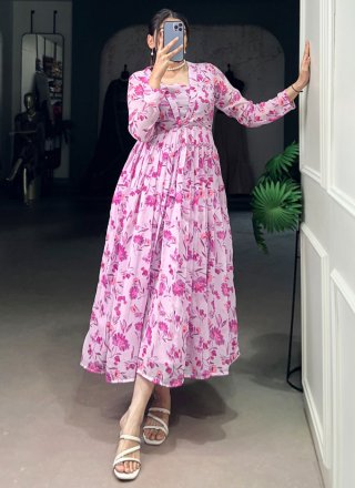 Pink Georgette Floral Patch Work Casual Kurti