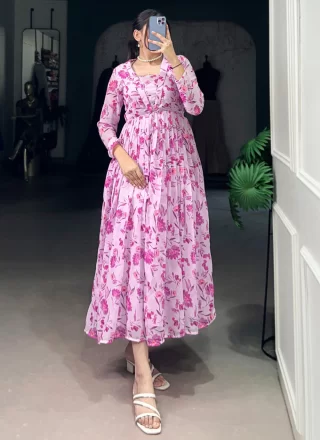 Pink Georgette Floral Patch Work Casual Kurti