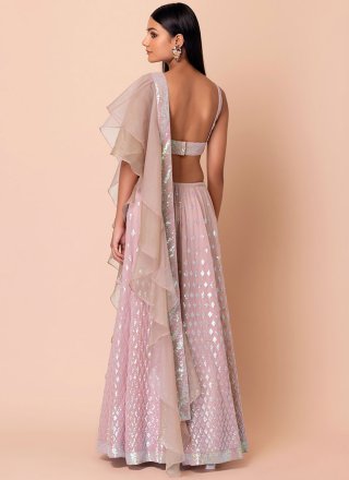 Pink Georgette Lehenga Choli with Embroidered, Sequins and Thread Work for Ceremonial