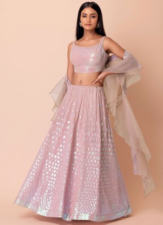 Pink Georgette Lehenga Choli with Embroidered, Sequins and Thread Work for Ceremonial