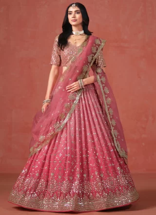 Pink Georgette Lehenga Choli with Embroidered, Sequins and Zari Work