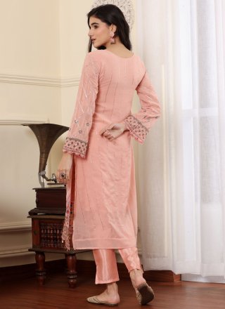 Pink Georgette Pant Style Suit with Moti, Sequins and Thread Work