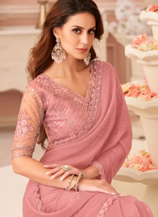 Pink Georgette Patch Border and Embroidered Work Designer Saree