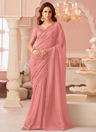 Pink Georgette Patch Border and Embroidered Work Designer Saree