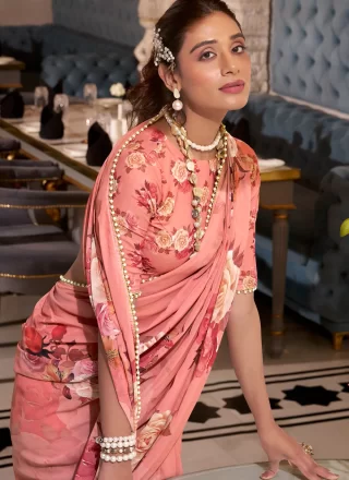 Pink Georgette Patch Border, Lace, Pearls and Print Work Contemporary Saree