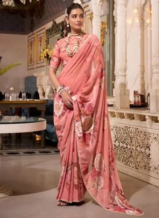 Pink Georgette Patch Border, Lace, Pearls and Print Work Contemporary Saree