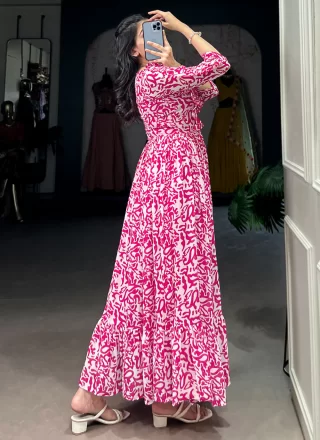 Pink Georgette Print Work Designer Gown