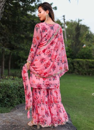 Pink Georgette Salwar Suit with Embroidered and Floral Patch Work