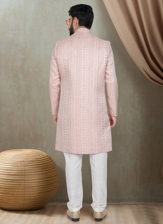 Pink Jacquard Indo Western with Buttons Work