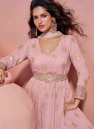 Pink Jacquard Silk  Designer Gown with Embroidered, Jacquard and Zari Work for Women