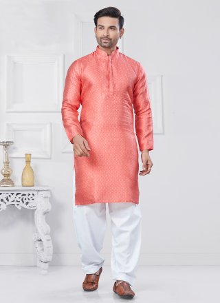 Pink Jacquard Silk Weaving Work Kurta Pyjama for Casual