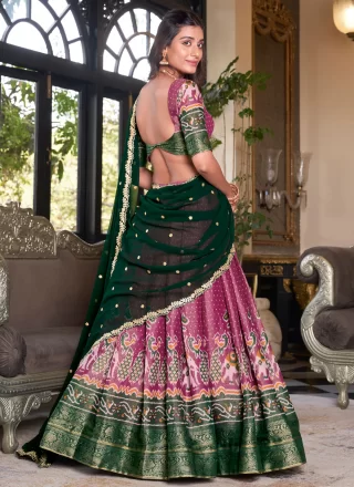 Pink Kanchipuram Silk A - Line Lehenga Choli with Print, Weaving and Zari Work
