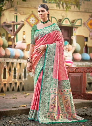 Pink Kanjivaram Silk Contemporary Saree with Weaving Work