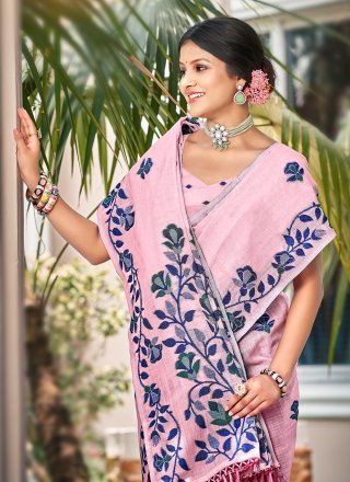 Pink Kanjivaram Silk Embroidered and Thread Work Classic Sari for Casual
