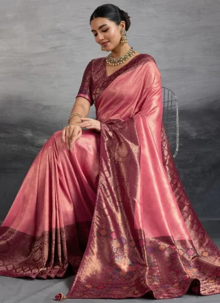 Pink Kanjivaram Silk Meenakari, Woven and Zari Work Contemporary Saree for Ceremonial