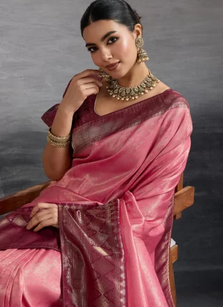 Pink Kanjivaram Silk Traditional Saree with Weaving Work