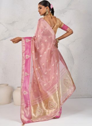 Pink Linen Booti, Cut Dana, Woven, Zardosi and Zari Work Traditional Saree for Ceremonial