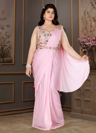 Pink Lycra Embroidered Work Classic Sari for Women