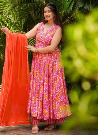 Pink Muslin Digital Print Work Palazzo Salwar Suit for Ceremonial