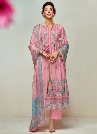 Pink Muslin Salwar Suit with Digital Print and Floral Patch Work