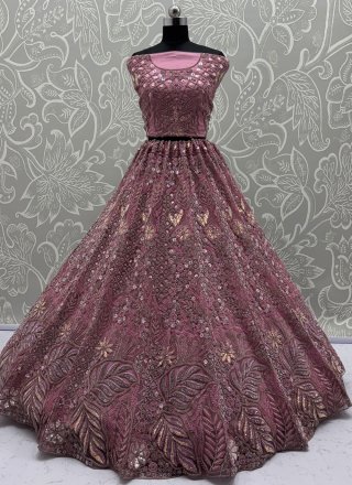 Pink Net A - Line Lehenga Choli with Diamond, Dori, Embroidered, Fancy, Multi, Sequins, Thread and Zircon Work