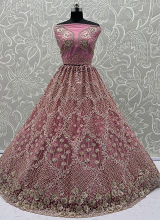 Pink Net A - Line Lehenga Choli with Diamond, Dori, Embroidered, Sequins, Zari and Zircon Work