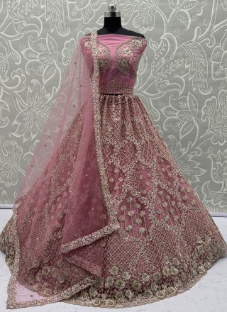 Pink Net A - Line Lehenga Choli with Diamond, Dori, Embroidered, Sequins, Zari and Zircon Work