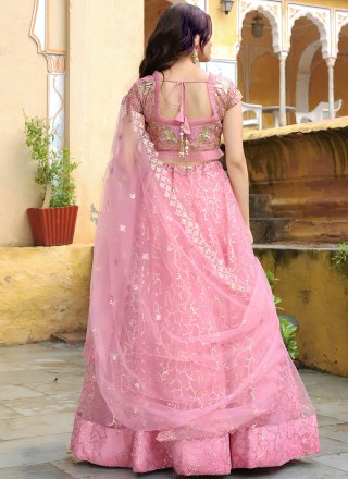 Pink Net A - Line Lehenga Choli with Sequins and Thread Work for Ceremonial