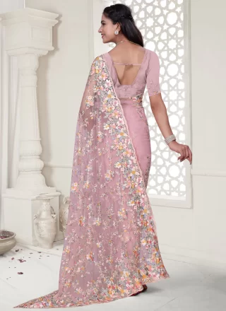 Pink Net Cut, Embroidered, Resham, Stone and Zircon Work Traditional Saree for Ceremonial