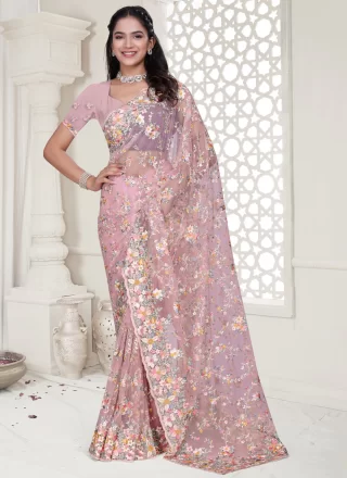 Pink Net Cut, Embroidered, Resham, Stone and Zircon Work Traditional Saree for Ceremonial