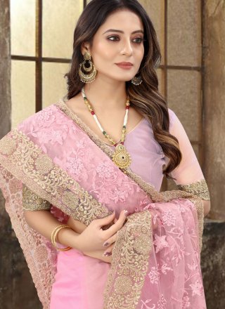 Pink Net Designer Saree with Embroidered, Resham, Stone and Zari Work
