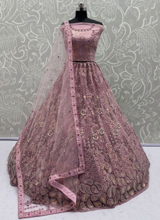 Pink Net Diamond, Embroidered, Multi, Sequins, Thread and Zircon Work Lehenga Choli for Engagement