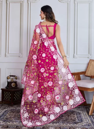 Pink Net Embroidered and Multi Work Casual Saree for Casual