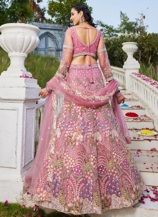 Pink Net Embroidered, Sequins, Stone, Thread and Zari Work Lehenga Choli for Engagement