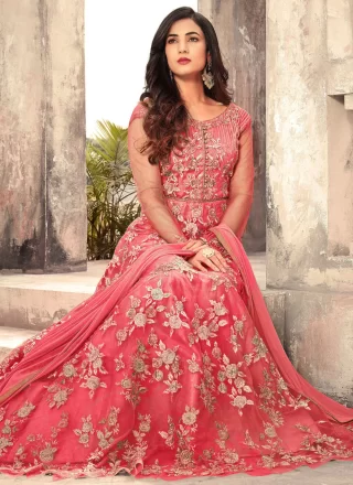 Pink Net Floral Patch, Thread and Zari Work Salwar Suit