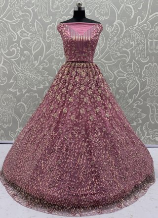 Pink Net Lehenga Choli with Embroidered, Multi, Sequins, Thread, Zari and Zircon Work